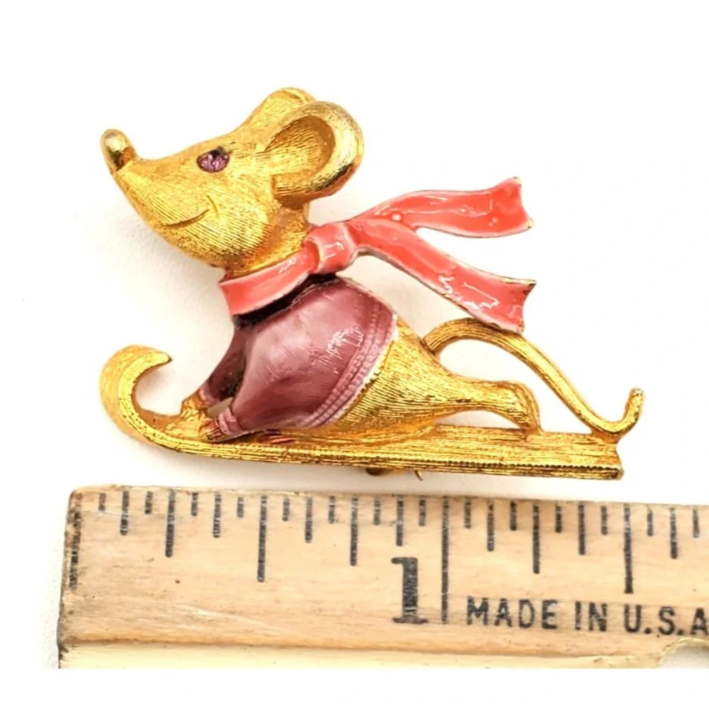 Vintage Mouse on a Sled Purple Sweater Red Scarf Enamel Brooch